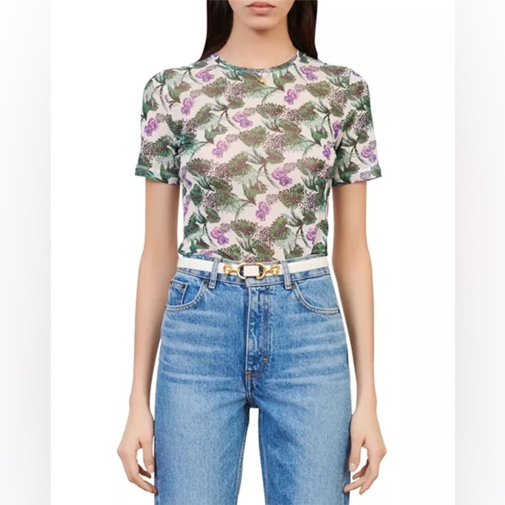 Maje Floral Print Mesh Short Sleeve Top